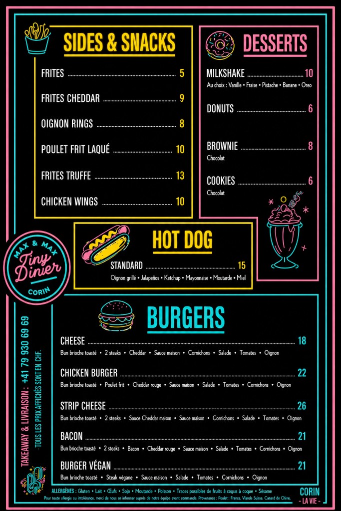 Max & Max Tiny Diner Corin menu